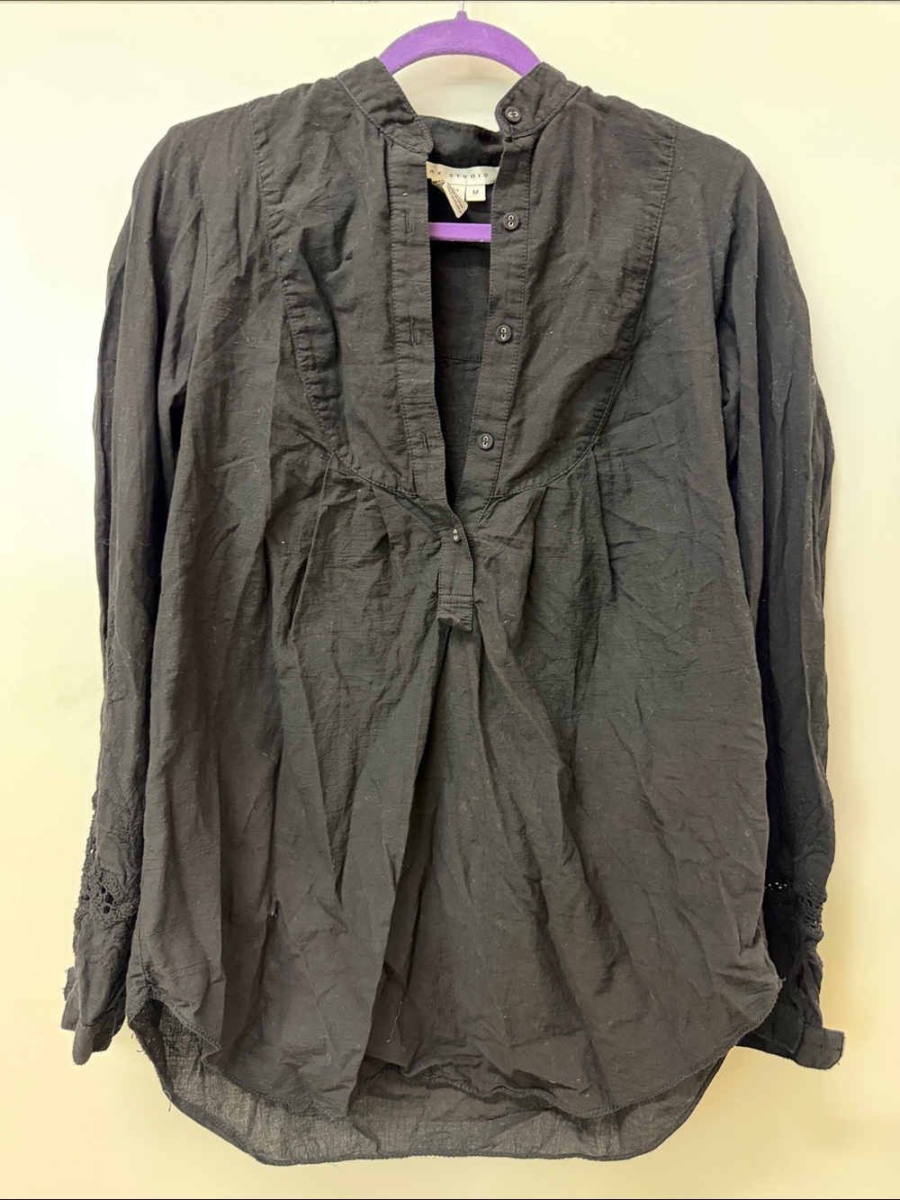 Max Studio Black Cotton Button-Front Shirt with Purple Accent